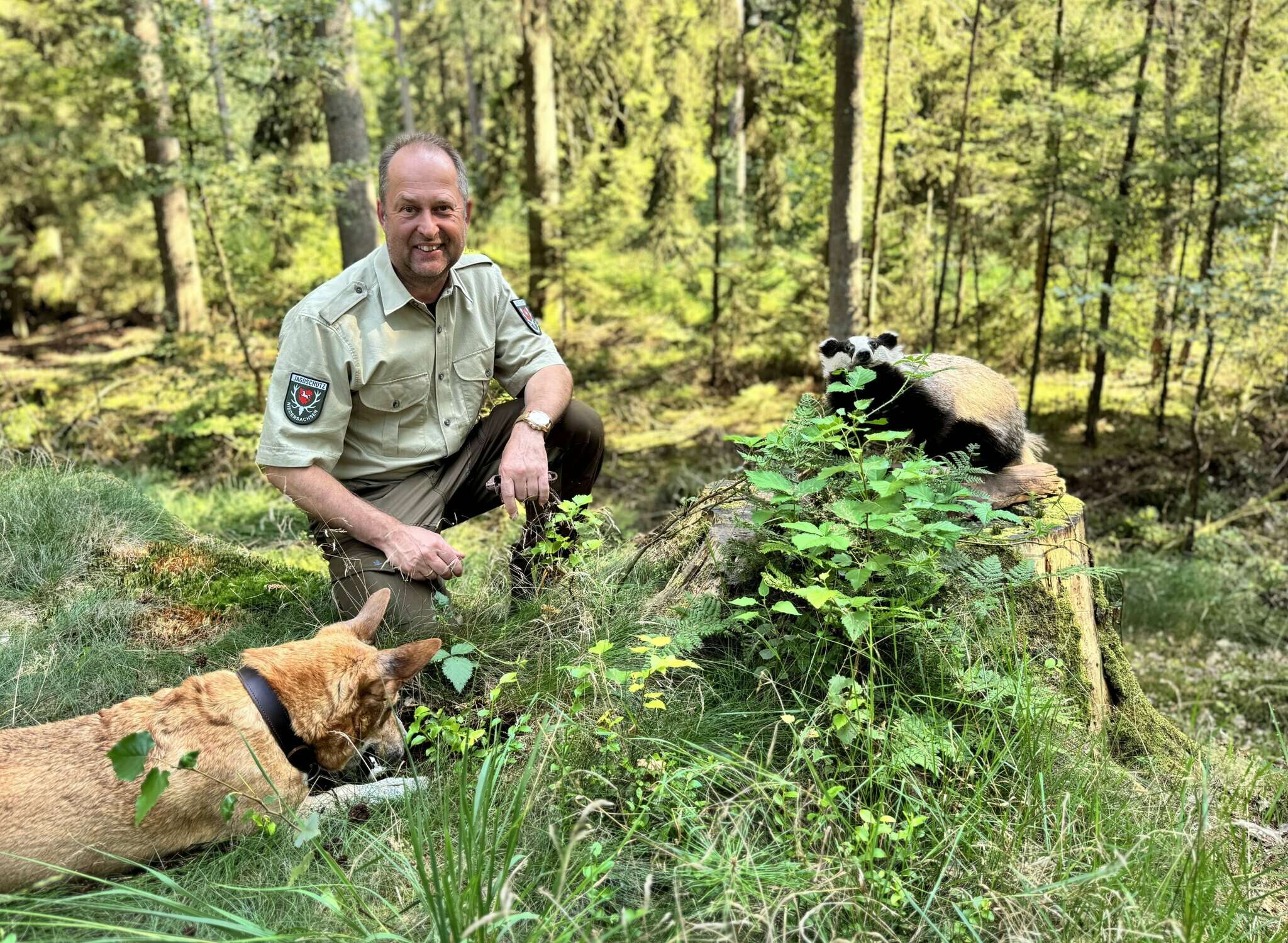 Guido Bruns erklärt die Pflanzen- und Tierwelt im Wald u2013 Hund Lupo begleitet ihn.